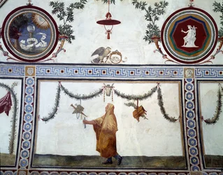 Camera con Fregio di Amorini Chamber of the Cupid Frieze detalj i taket som föreställer en klädd man och insignier från familjen Medici, fresk från 1520-talet